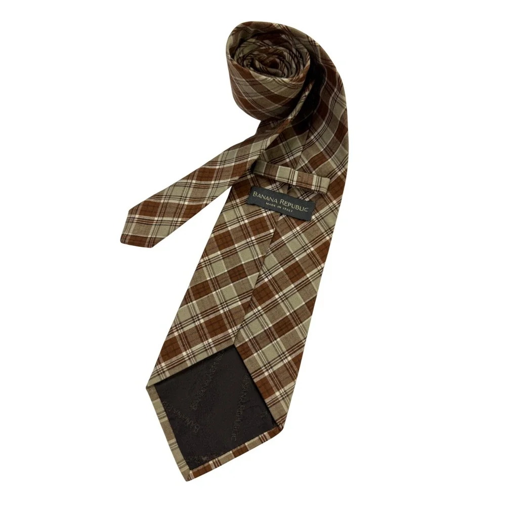 Banana Republic Plaid Tie Mens OS Brown Excellent Cotton Made in Italy Check